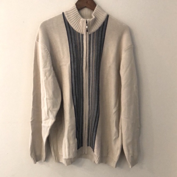 Geoffrey Beene Men's Zip-Up 100% cotton Sweater Cream Gray Brown chunky warm LG - Picture 1 of 11